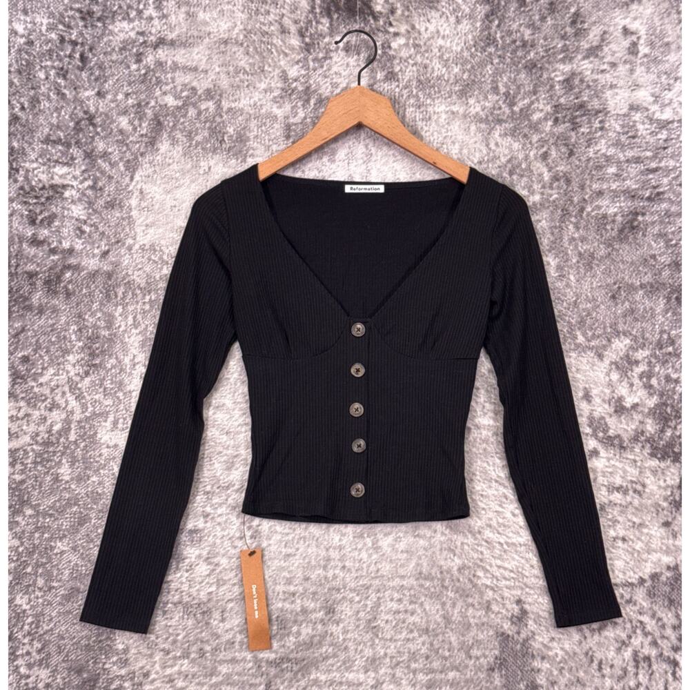 Reformation Black Ribbed Button-Front Long Sleeve Top